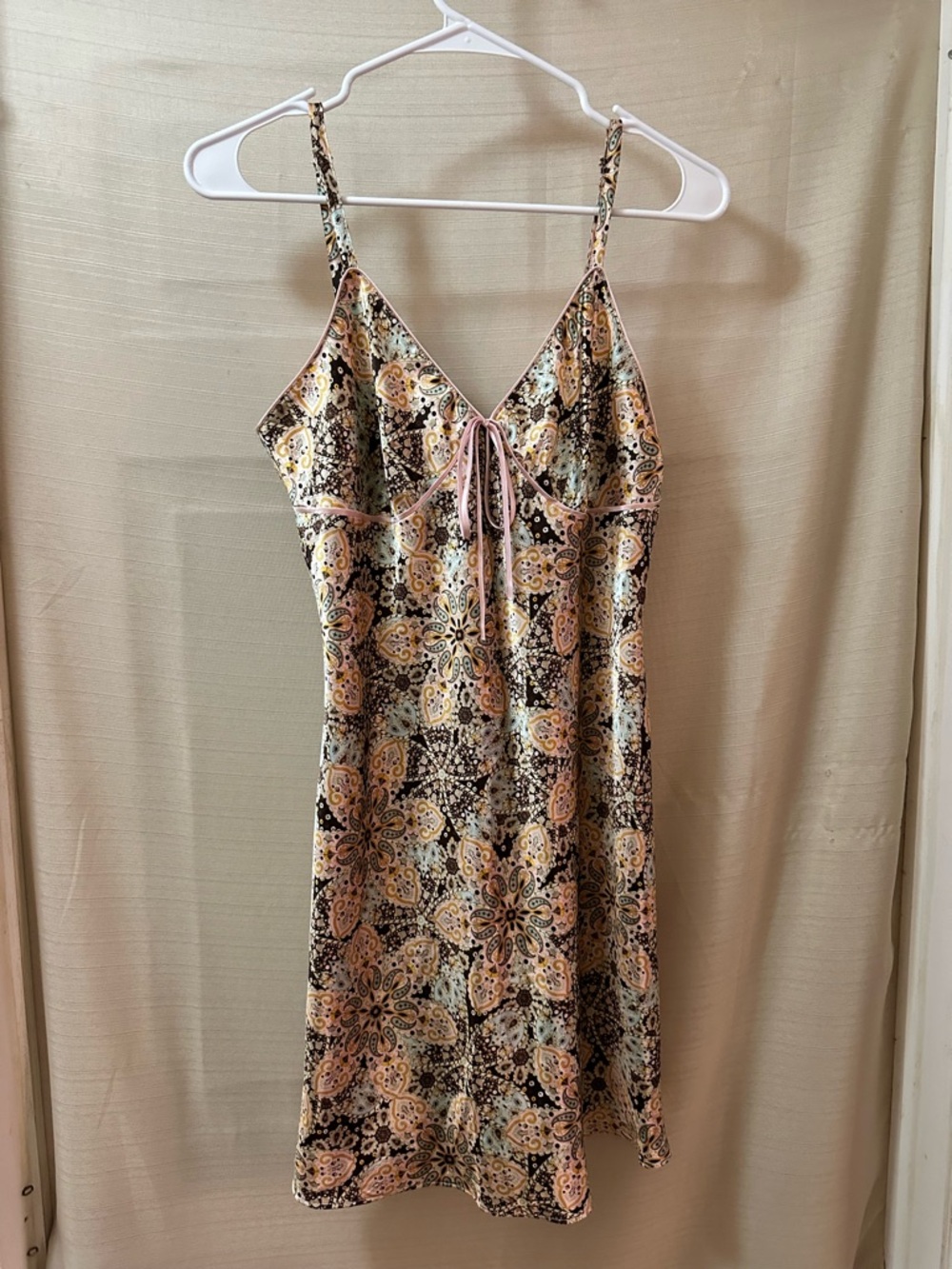 Adonna Paisley Satin Slip Dress Pink Blue Brown Tie Front Mini Y2K Summer Resort
